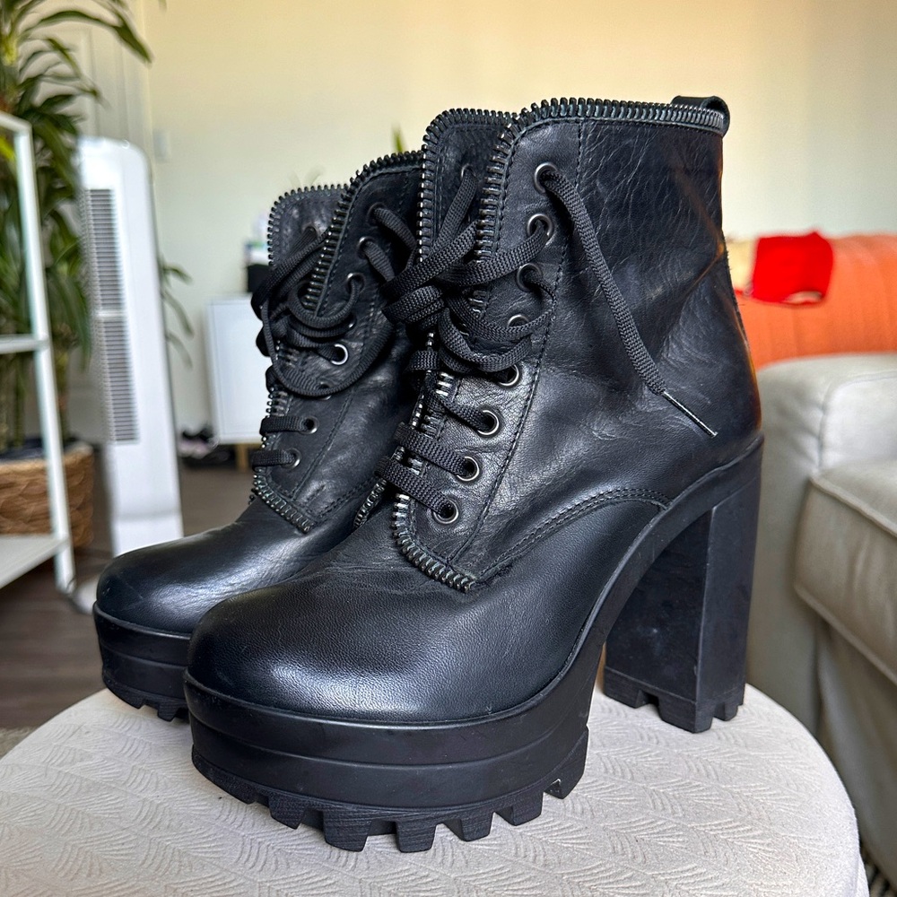 Genuine Leather Black Chunky Platform Heeled Boots